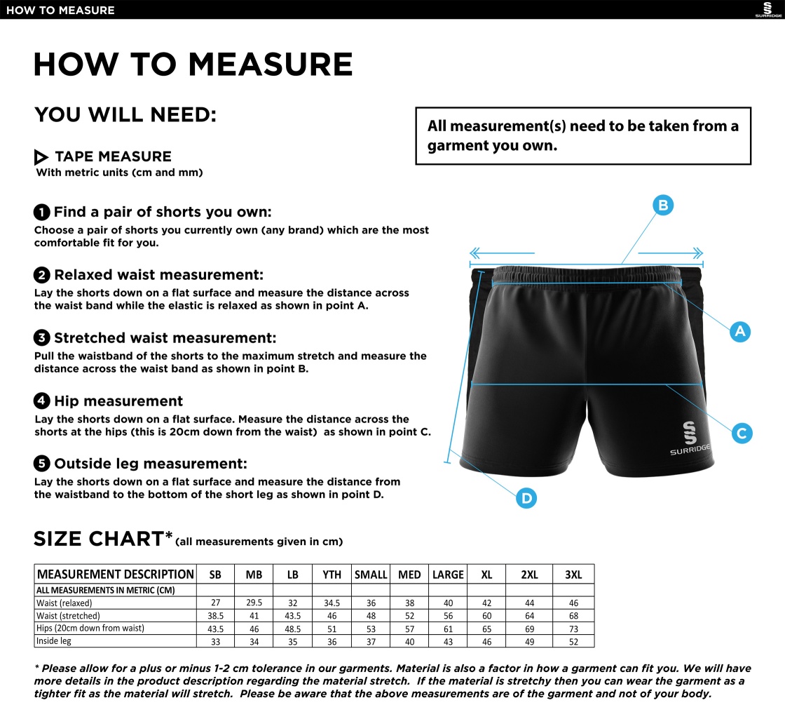 Skewen CC - Performance Gym Short - Size Guide