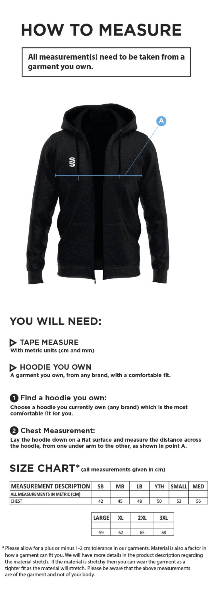 Skewen CC - Dual Full Zip Hoody - Size Guide