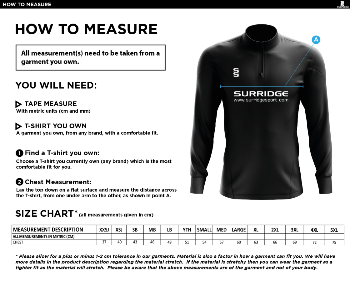 Skewen CC - 1/4 Zip Dual Performance Top - Size Guide