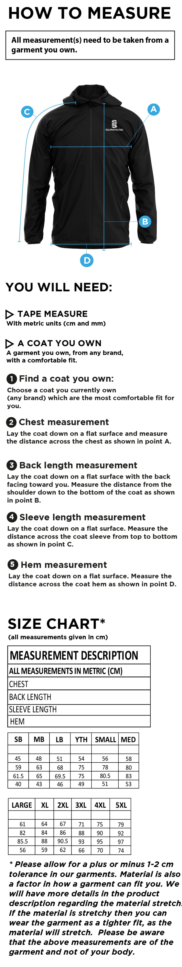 Skewen CC - Dual Full Zip Training Jacket - Size Guide