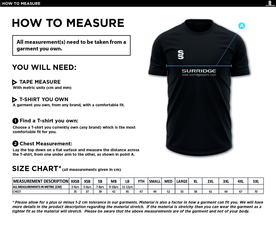 Skewen CC - Dual Solid Colour Polo - Size Guide