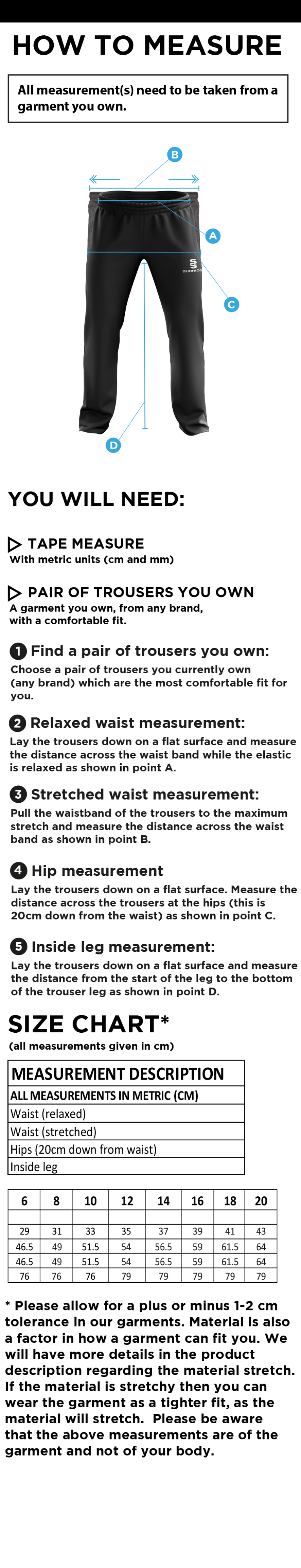 Skewen CC - Women's Poplin Track Pant - Size Guide