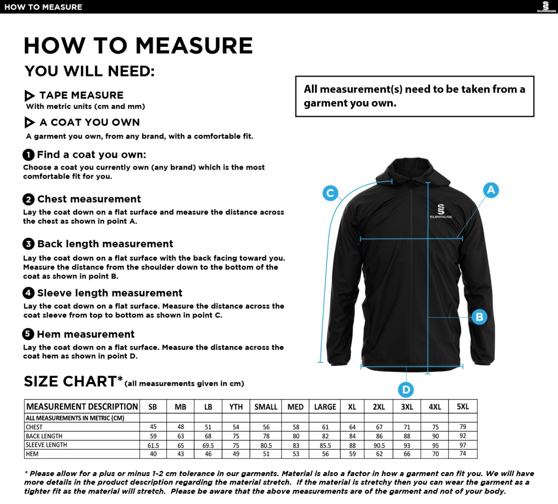 Skewen CC - Dual Full Zip Training Jacket - Size Guide