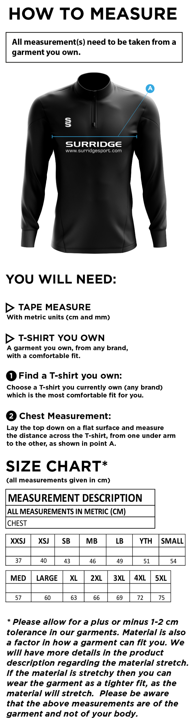 Skewen CC - 1/4 Zip Dual Performance Top - Size Guide